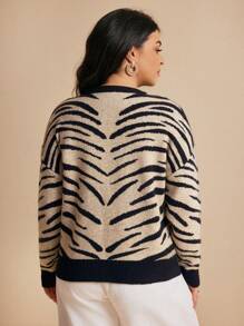 Elaquor Casual Minimalist Tight-Fitting Zebra Print Plus Size Sweater, Autumn-Winter Fall/Winter - Multicolor - View 2