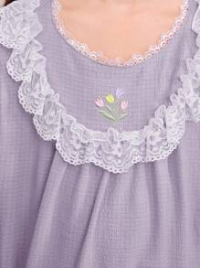 SHEIN Tween Girl Cute Princess Style Floral Embroidery Puff Sleeve Ruffle Trim Woven Nightgown - Dusty Purple - View 5