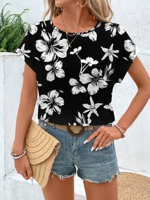 SHEIN LUNE Blouse ronde à imprimé floral décontracté pour femme, adapté pour l'été - Noir - Voir 4