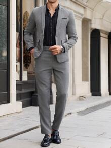 Manfinity Mode 2pcs Men's Casual Plaid Blazer Jacket And Pants Business Suit Fall Outfits Set