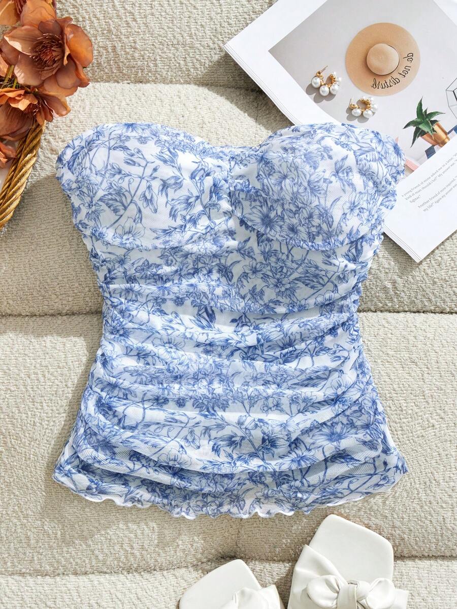 KARISMINA Atasan Camisole Rajut Jala Kasual Elegan Wanita dengan Motif Cetak, Pas Badan, Untuk Liburan Musim Panas - Blue and White - View 1