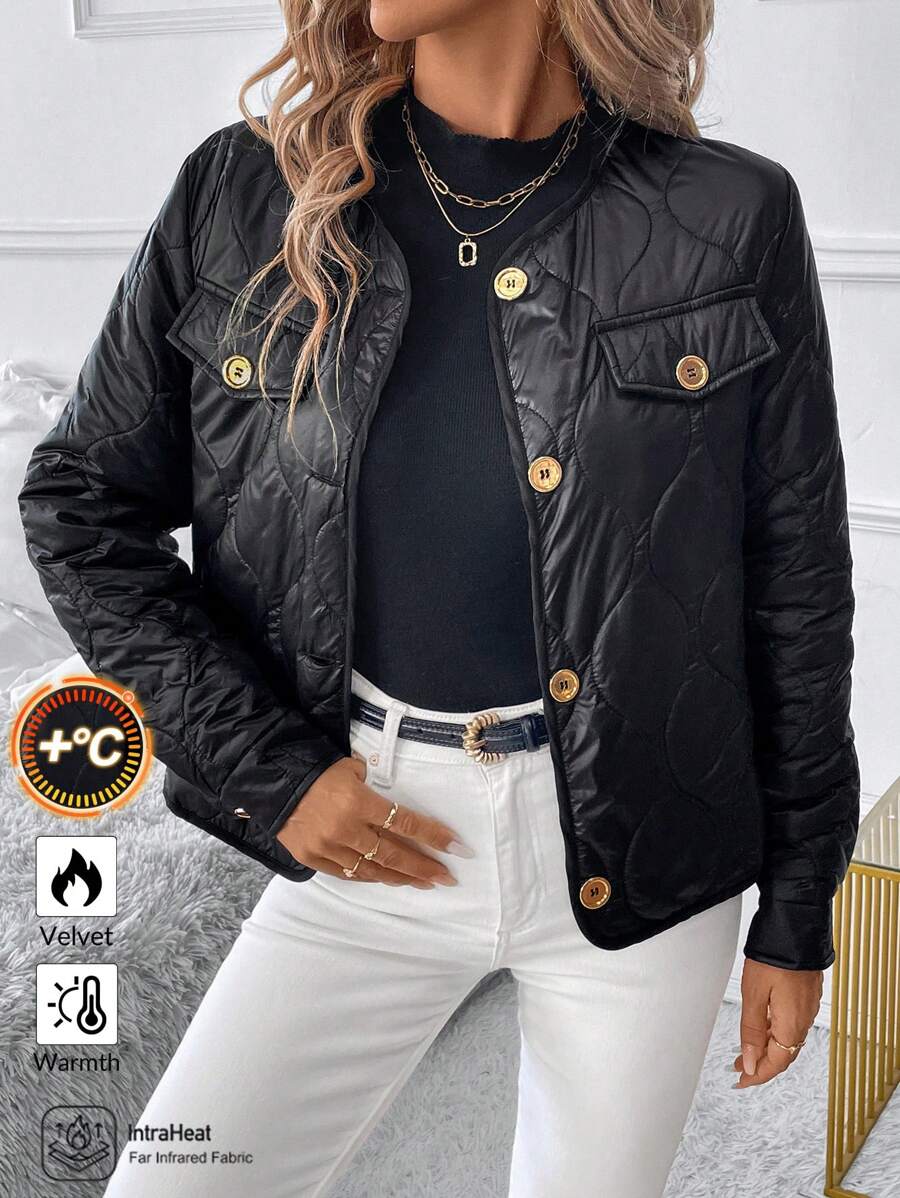 SHEIN Clasi Solid Color Button Front Long Sleeve Casual Padded Coat, Autumn/Winter Winter Women Coat - Multicolor - View 1