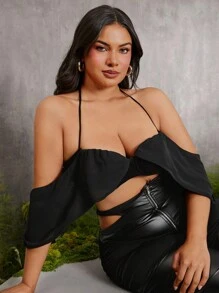 evoluSHEIN X Anitta VICTOR VON SCHWARZ Designer Plus Chiffon Drape Sleeve Bra Top, Holiday, Going Out, Festival - Black - View 7