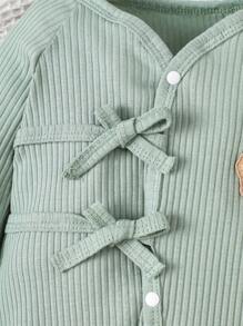 男婴可爱熊刺绣前系带长袖连体裤 - 綠色 - 查看 6