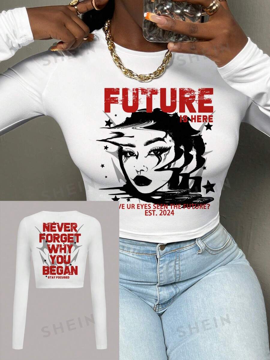 Slaydiva Camiseta de manga larga, cuello redondo, ajustada, con diseño minimalista de dibujos animados, apropiada para primavera y otoño, para mujer