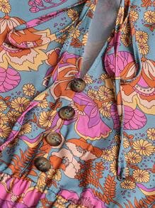 SHEIN LUNE 大码 V 领长袖优雅抽绳褶皱时尚连衣裙 - 彩色 - 查看 6