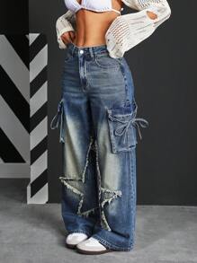 SHEIN PETITE 女士时尚街头纽扣腰带环侧袋磨边牛仔裤