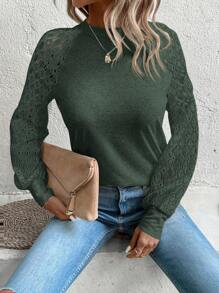 SHEIN Clasi Women's Solid Color Contrast Lace Raglan Sleeve Casual Top, Spring And Summer - Dark Green - View 5