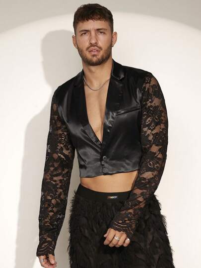 FeverCity Chaqueta blazer corta de satén brillante con parches y encaje contrastante para hombres, primavera