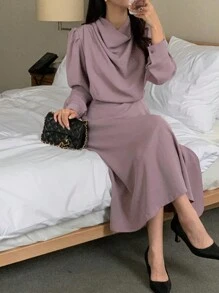 DAZY Vestido de mujer de unicolor con cintura ceñida y hombros caídos, ropa de mujer de otoño