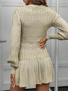 Chiquease V-Neck Long Sleeve Pleated Solid Sweater Dress, Casual Daily Wear Fall Cloth For Women - Camel - View 2