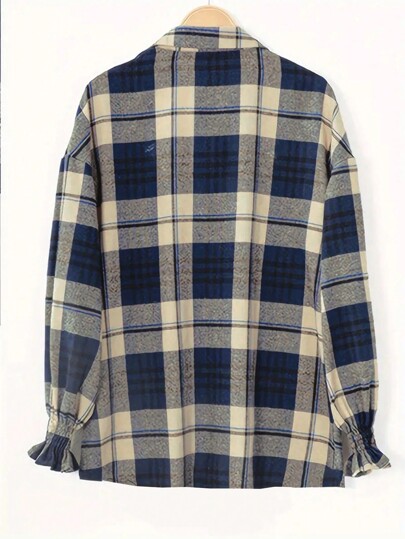 SHEIN Essnce Ladies' Plaid Oversize Drop Shoulder Long Sleeve Shirt,Ladies Casual Button Long Sleeve Collar Loose Regular Navy Blue Drop Shoulder Shirt Women Blouses,Spring/Fall ,Casual Daily Wear