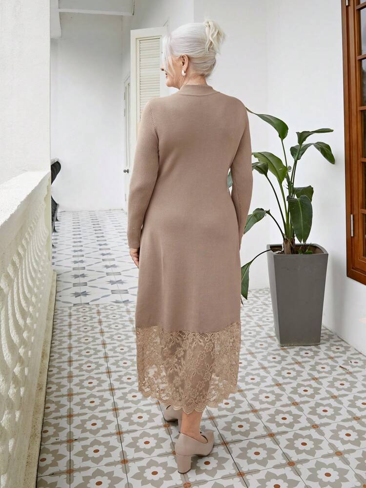 Women's Solid Color Contrast Lace Round Neck Long Sleeve Sweater Dress Fall Women Clothes Viscose Dress