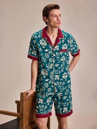 EverLounge 2 件装男士 Polo 领全印花短袖上衣和休闲短裤家居服套装