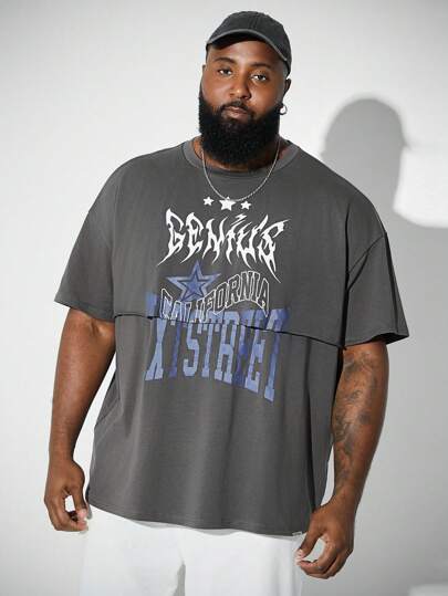 Manfinity VCAY Camiseta de manga corta suelta con hombros caídos y estampado de letras informal para hombres talla grande, verano