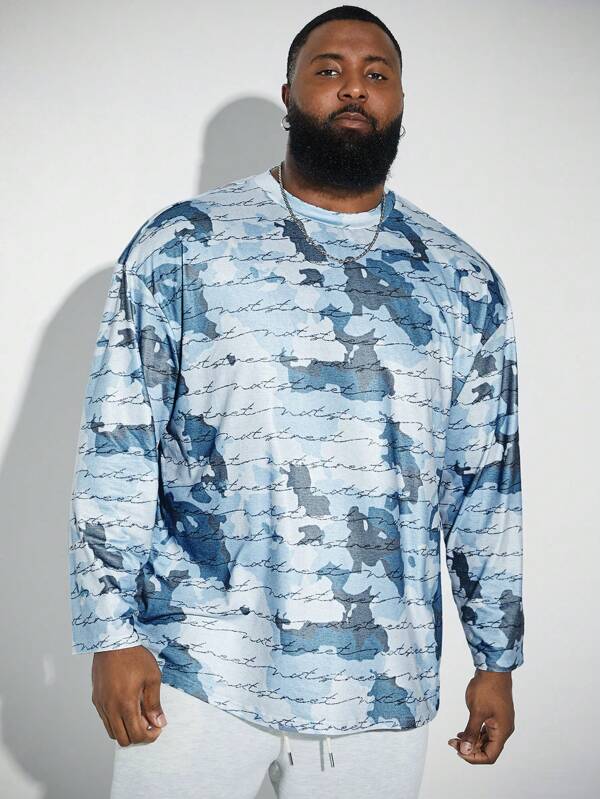 Manfinity VCAY Camiseta de manga larga de cuello redondo, ajuste suelto y hombros caídos para hombres de talla grande