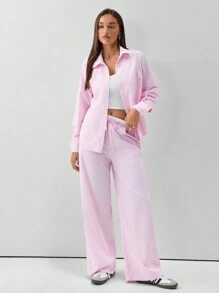 SHEIN Essnce Bộ 2 quần đùi sọc đỏ trắng mùa hè + quần ống rộng - Hồng - Xem 4
