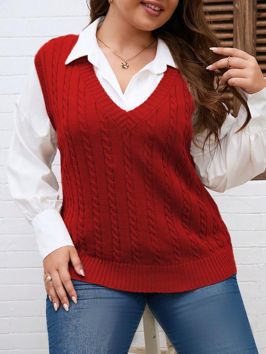 Calvaya 大码女式酒红色编织 V 领学院风针织背心，适合情人节 - 紅色 - 查看 1
