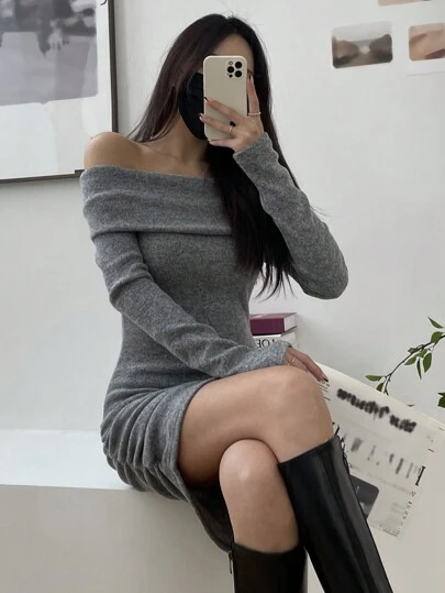 DAZY 女士修身露肩纯色迷你连衣裙，灰色，春夏秋季，秋季女装长袖连衣裙保暖内衬