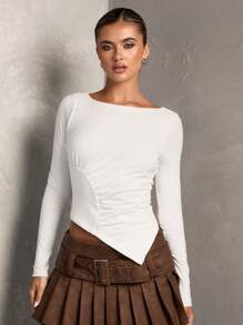 SHEIN BAE Damen Weiß einfarbig vielseitiger Mode Lässig/Pendler Nachmittagstee Rundhals Langarm Raffung einfacher asymmetrischer Saum Strick Oberteil, Herbst/Winter - Weiss - Übersicht 3
