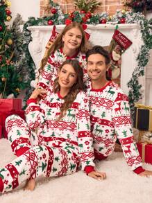 女童法兰绒圣诞睡衣套装，带鹿和树图案，长袖上衣和裤子，休闲舒适的冬季睡衣 - 紅色 - 查看 4