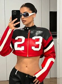 SHEIN ICON Y2k Fall Women Jackets Cropped Motorcycle Style Numeric Contrast Color Block PU Jacket - Multicolor - View 1