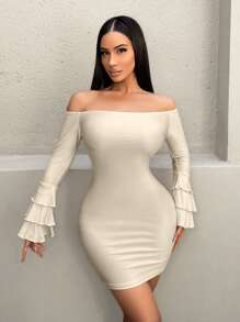 VaVaBold Women's Solid Color Off Shoulder Flare Sleeve Fitted Elegant Mini Dress, Spring And Summer