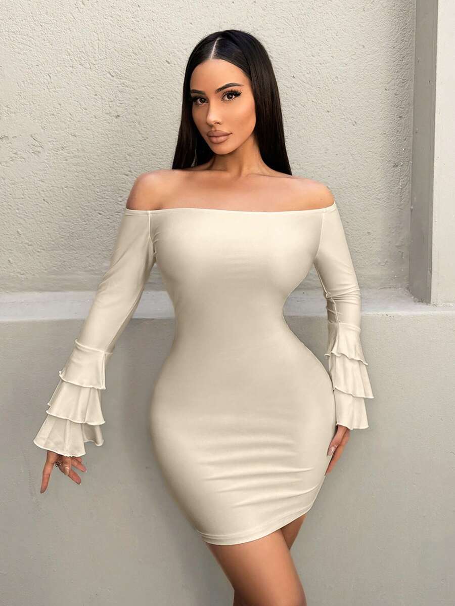 VaVaBold Women's Solid Color Off Shoulder Flare Sleeve Fitted Elegant Mini Dress, Spring And Summer