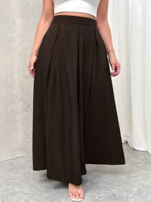 Firerie 大码女式高腰长款褶皱 A 字裙，带口袋，松紧腰，灰色 - 巧克力棕 - 查看 3
