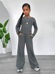 Tween Girls Retro Collegiate Casual Solid Color Round Neck Long Sleeve Top And Wide Leg Pants Set - Dark Grey - View 3