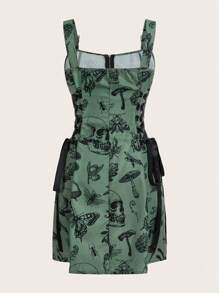 Selianne Halloween Women's Slim Fit Spaghetti Strap Zipper Full Print Skull Pattern Dress Fall Cloth For Women - Green - View 2