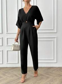 EURMUSE 100% Cotton Women's V-Neck Short Sleeve Fashionable, Graceful And Elegant Black Jumpsuit - Black - View 6