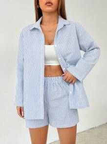 SHEIN PETITE Women's Fashion Vertical Striped Shirt Shorts Suit Commuting Simple Office Simple - Blue and White - View 5