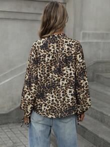 Aveloria Vintage Chic Random Leopard Floral V-hals Lantaarnmouw Strikmanchet Lange Mouw Blouse