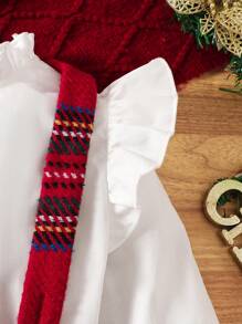 2pcs Young Girl  Solid Color Ruffle Trim Casual Shirt And Woven Bib Overall Dress Red Plaid Christmas Suit,Suitable For Christmas And Everyday Wear - Multicolor - View 6