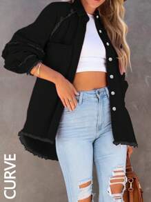 女士加大码黑色磨边单排扣休闲宽松长袖夹克，秋冬牛仔夹克 - 黑色 - 查看 9