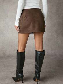 SHEIN BAE 女士棕色复古仿旧皮革 PU 开衩下摆休闲优雅优雅 A 字中长裙裤，适合秋冬季