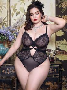 1 bộ đồ lót liền thân ren lưới tương phản cỡ lớn gợi cảm - màu đen - Xem 3