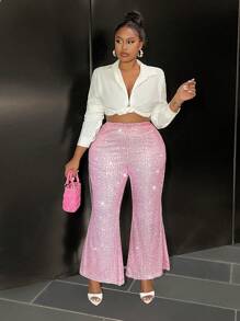 Slaydiva Plus Size Women's Elegant Basic Party Sequin Flare Pants In Pink - Baby Pink - View 5