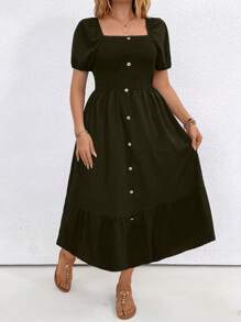 SHEIN LUNE Vestido casual de verano para mujer de talla grande con cuello, manga corta abultada, decoración de botones y volante en el bajo