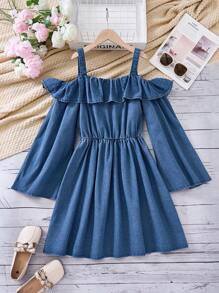 SHEIN Teen Girl Casual Blue Denim One Shoulder Ruffle Loose A-Line Dress