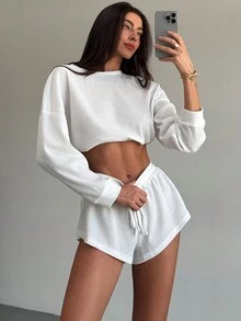 Aloruh 2 件套女式纹理长袖松紧腰套头衫 + 抽绳腰带纹理迷你短裤套装 - 白色 - 查看 8