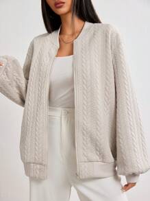 Seusyu Áo khoác bóng chày dài tay trễ vai màu trơn dáng rộng thoải mái cho nữ, mùa thu/đông - Màu be - Xem 5