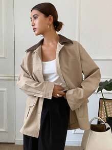 Livesso Color Block Long Sleeve Pocket Design Loose Fit Longer Jacket For Women,Fall Women Clothes Women Coats - Khaki - View 4