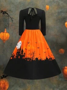 SHEIN LUNE Halloween Plus Size Women's Summer Castle Print Tie Back 3/4 Sleeve Maxi Elegant Dress