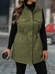 SHEIN LUNE Plus Size Women's Sleeveless Drawstring Buttoned Tank Top Jacket Coat For Winter Clothes