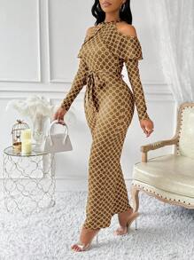 Lyxana Mono elegante de manga larga con volantes, cinturón y estampado vintage de toda la prenda para mujer