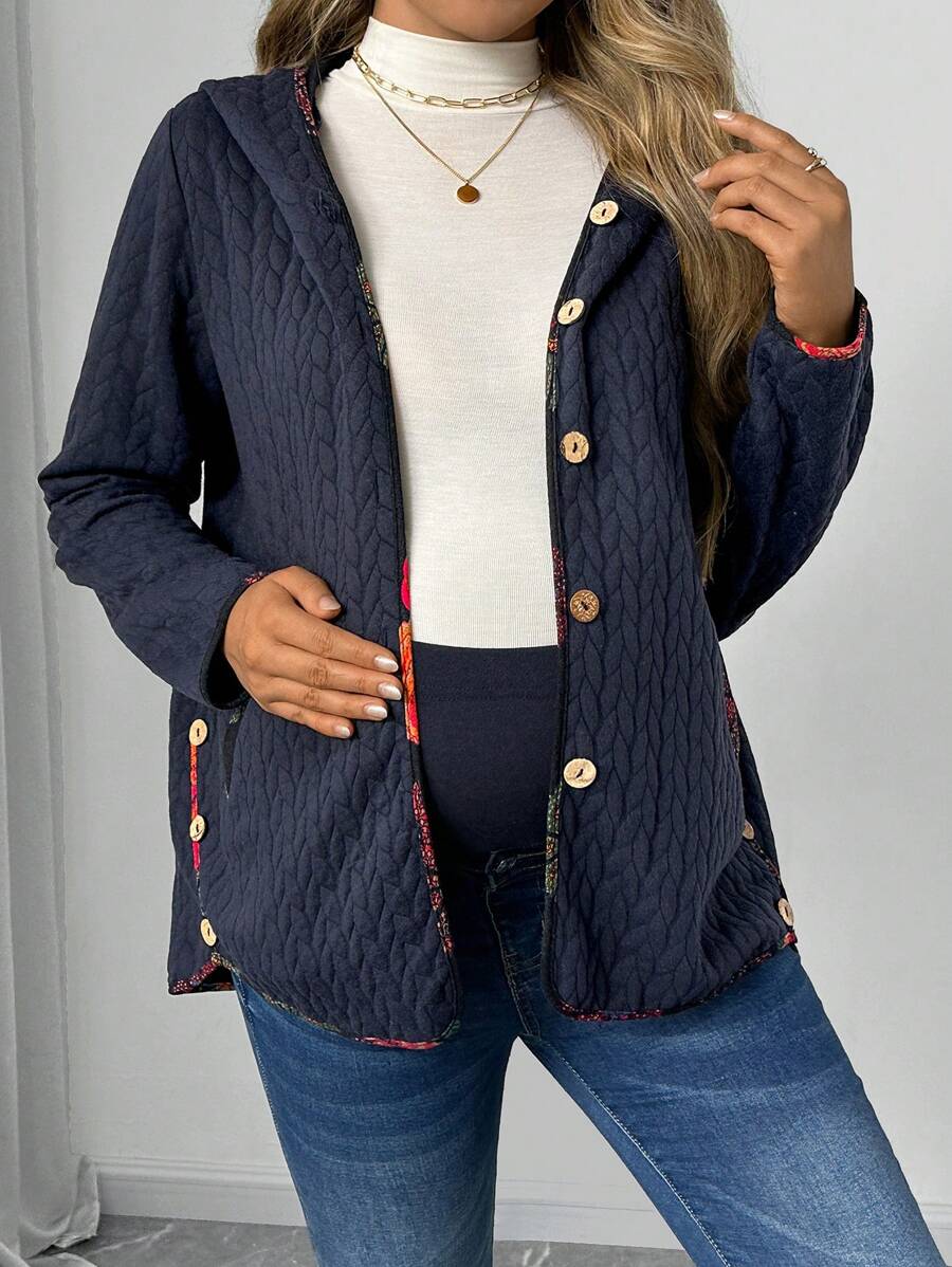 SHEIN Maternity Casual Long Sleeve Single-Breasted Hoodie Jacket - Navy Blue - View 1