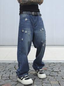 Manfinity EMRG Pantalones vaqueros rectos sueltos de mezclilla casual y versátil con bolsillos desgastados para hombres - Azul - Ver 4