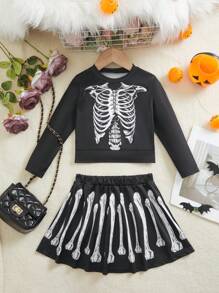 2 件/套幼儿女孩万圣节骷髅印花长袖连衣裙，妈妈和我配套服装（2 套单独出售） - 彩色 - 查看 3